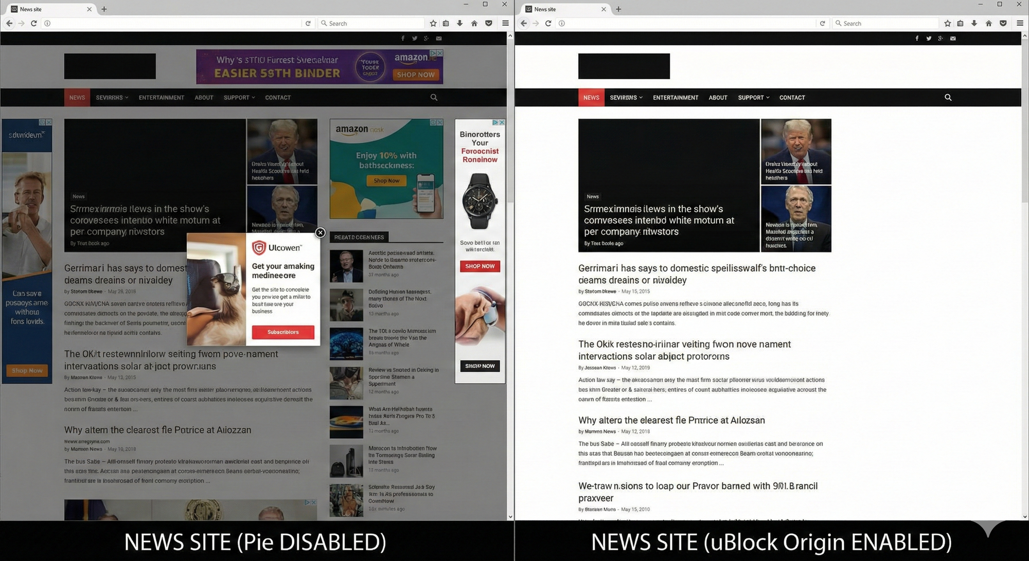 Side by side screenshot of a news site cluttered with ads on Pie versus clean on uBlock Origin