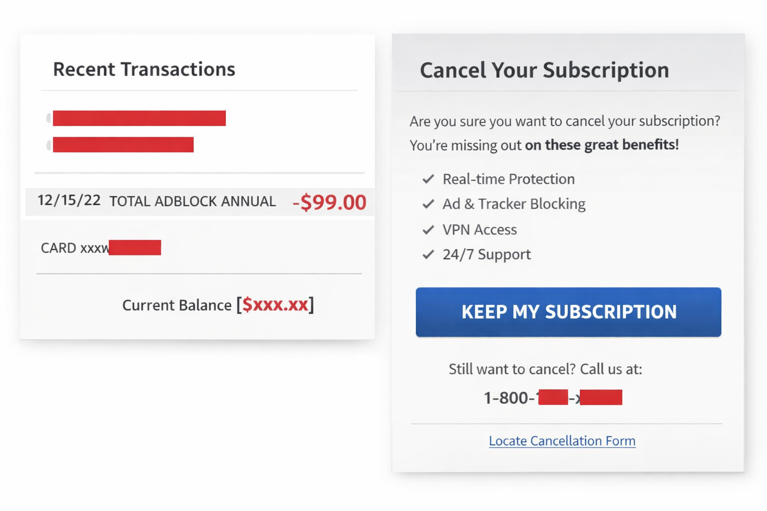Redacted bank statement showing high Total Adblock renewal charge next to cancellation screen.