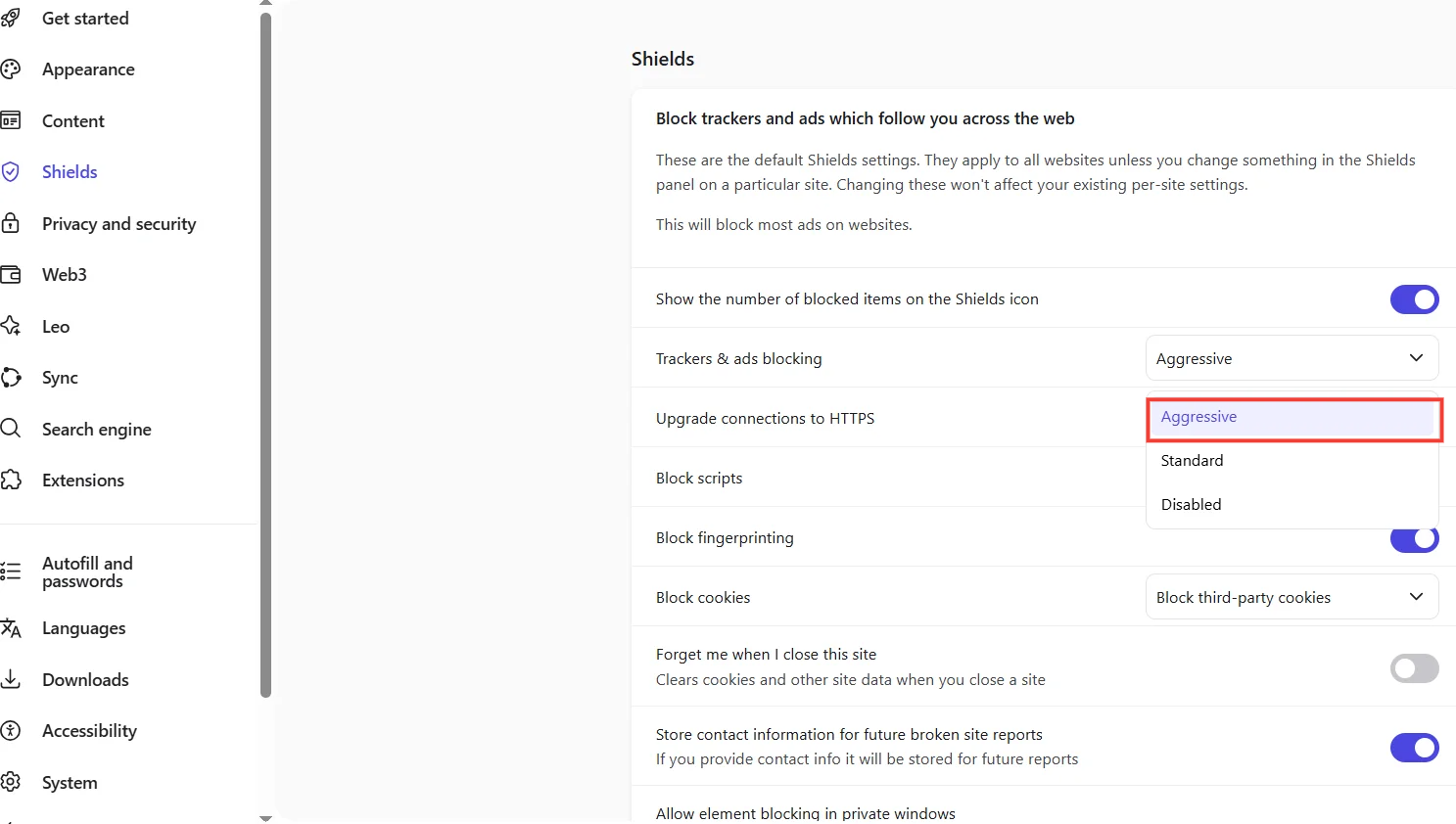 brave shieds settings