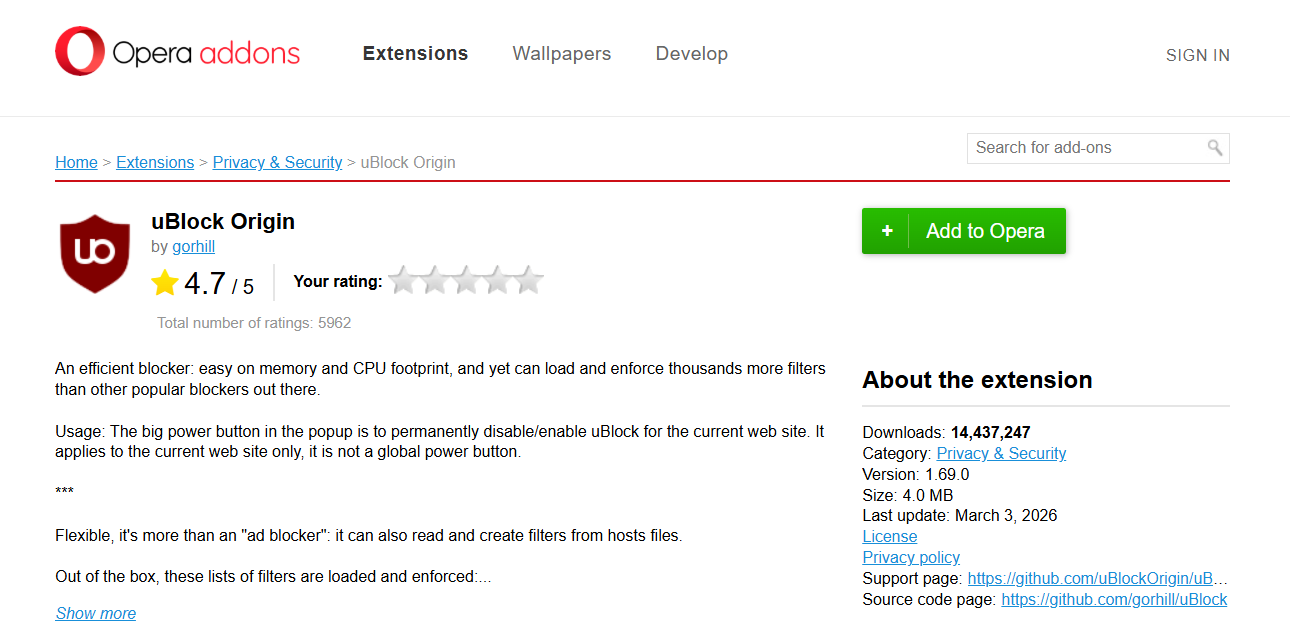 ublock origin extension on opera 
