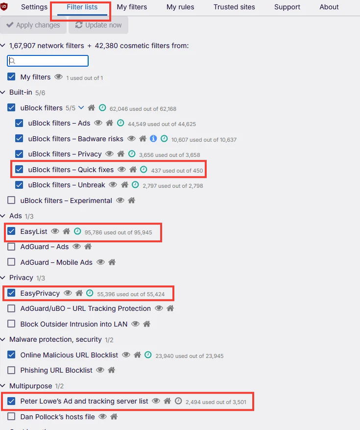 ublock origin filter settings