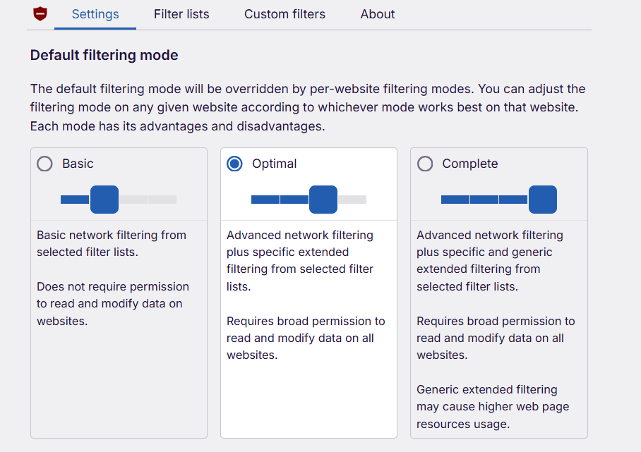 ublock origin filtering mode settings