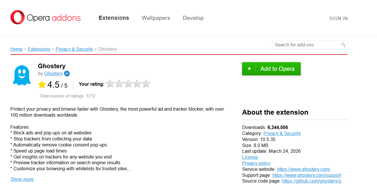 ghostery ad blocker on opera