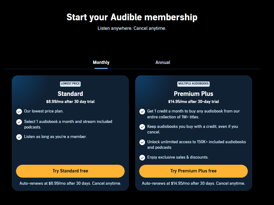 audible pricing