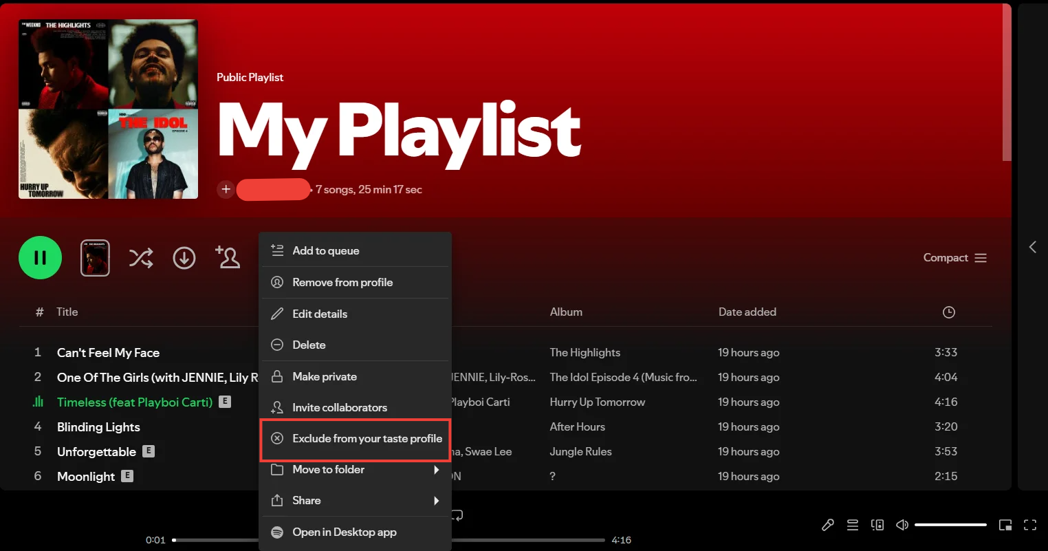 exclude spotify playlist from taste profile