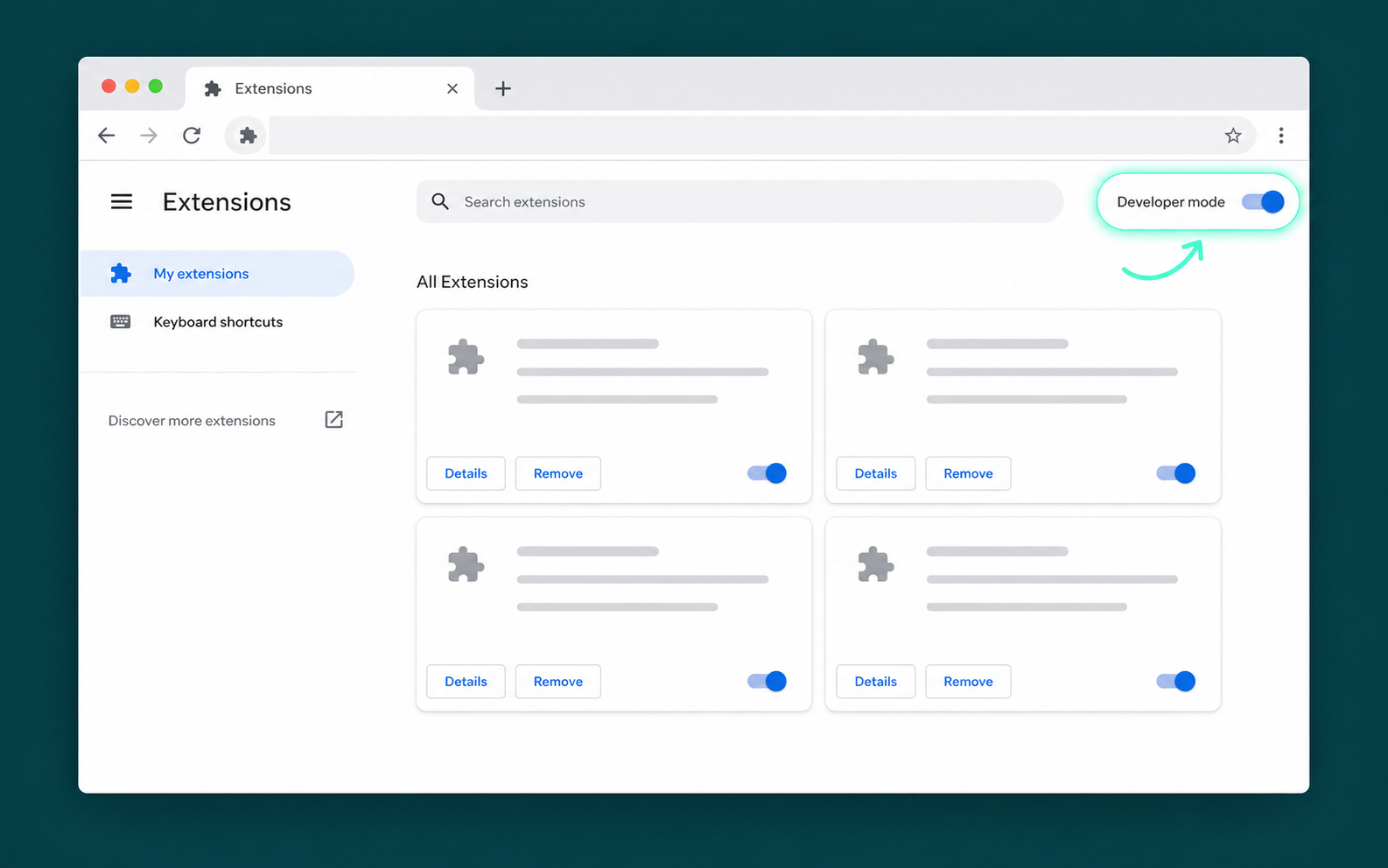 Chrome Extensions page with the Developer mode switch highlighted in the upper-right corner.