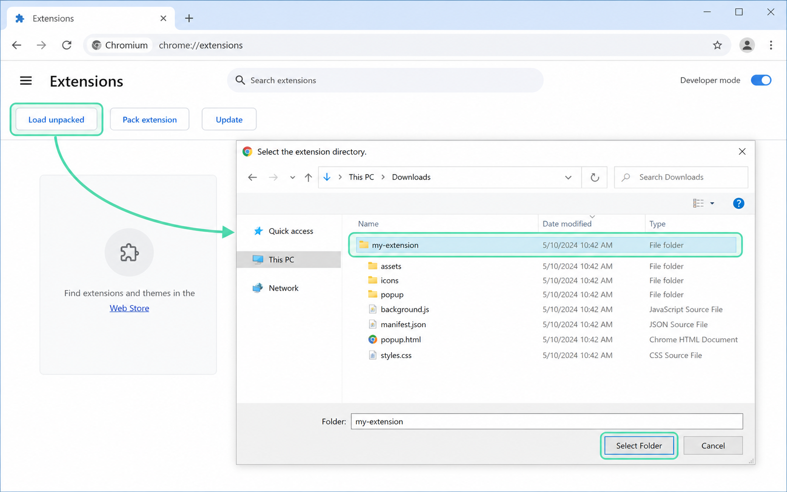 Chrome Extensions page and a file picker selecting the extracted Blockify folder.