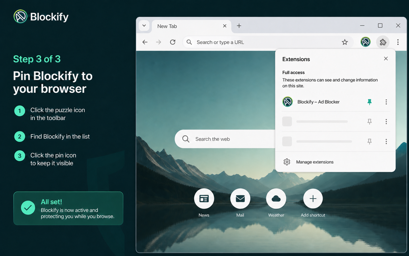 Chrome toolbar extension menu with the Blockify pin control highlighted.