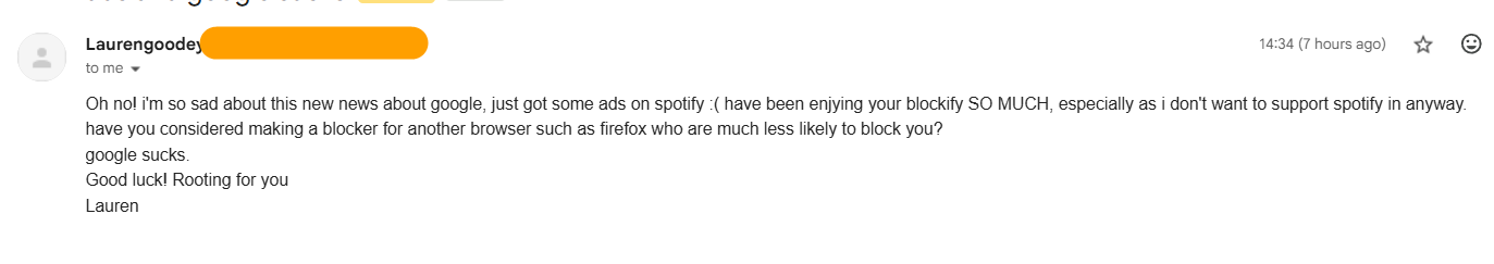 A Blockify supporter says they loved the extension, asks about Firefox, and says they are rooting for the team.