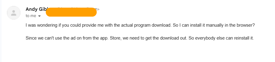 A user asks how to install Blockify manually after it disappeared from the app store.