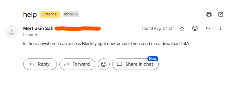 A Blockify user asks where they can access Blockify and whether a download link is available.
