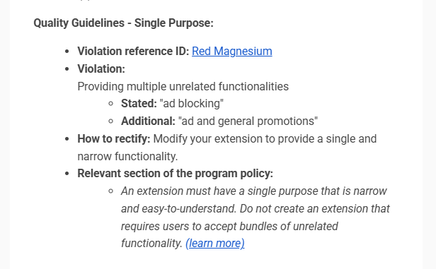 Screenshot of Google's Single Purpose warning identifying Blockify's stated purpose as ad blocking and alleged additional functionality as ad and general promotions, with a direction to modify the extension to provide a single, narrow functionality.